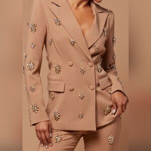 Embellished Tan Blazer Suit Set